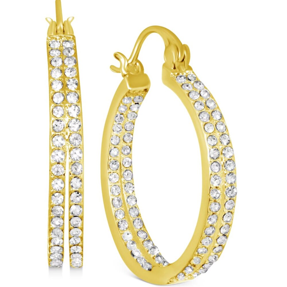 Genuine Crystal Small Double Hoop Earrings, 18K Gold Plated, 1"
